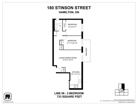 A floor plan for a 2 bedroom apartment at 180 Stinson Street, Hamilton, ON.